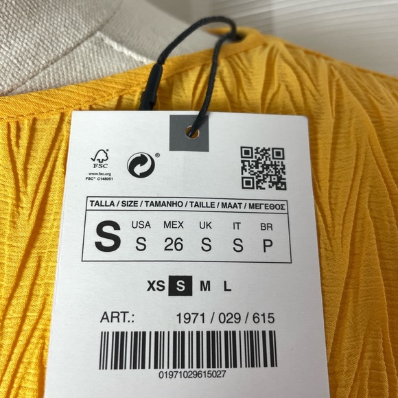 NWT Zara Spring Orange Yellow Flowy Pleated Blouse Top 3/4 Puff Sleeve Small - Picture 9 of 10